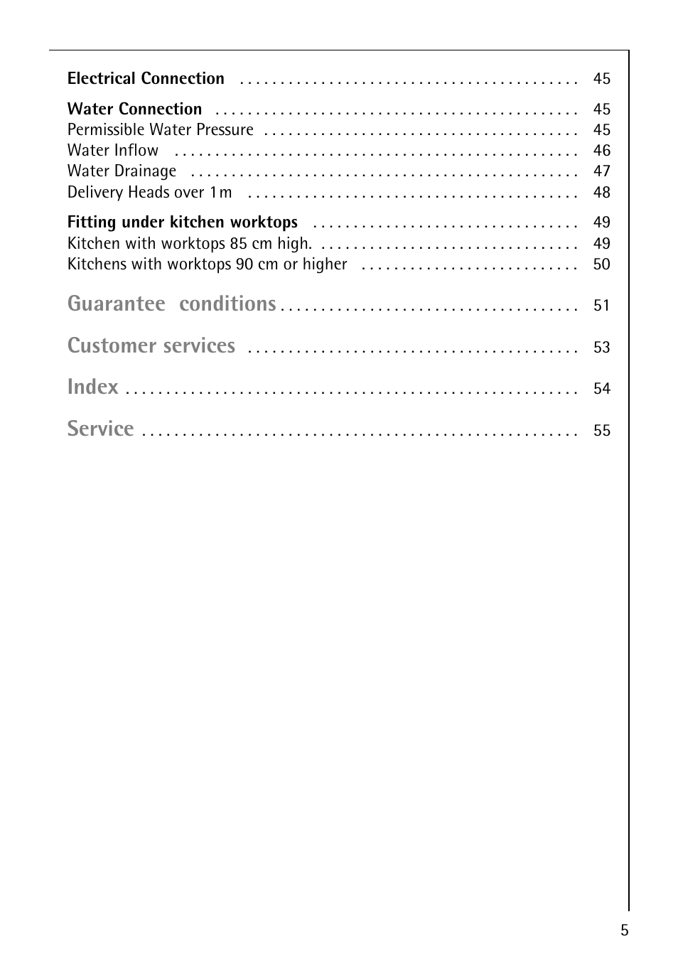 Guarantee conditions, Customer services, Index | Service | Electrolux LAVAMAT SOUPLESSE 14 User Manual | Page 5 / 56