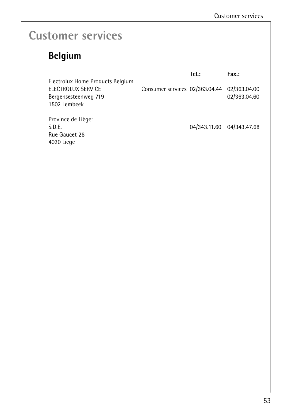 Customer services, Belgium | Electrolux LAVAMAT SOUPLESSE 14 User Manual | Page 53 / 56