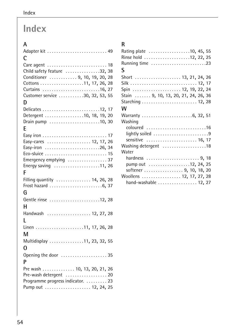 Index | Electrolux LAVAMAT SOUPLESSE 14 User Manual | Page 54 / 56