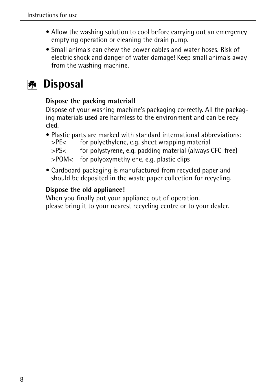 Disposal | Electrolux LAVAMAT SOUPLESSE 14 User Manual | Page 8 / 56