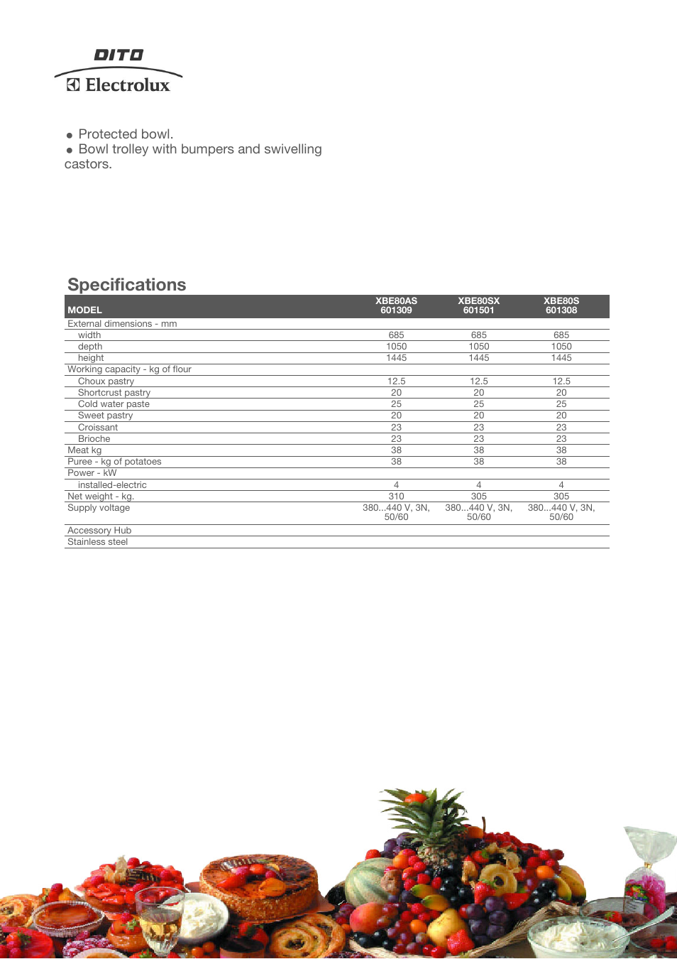 Specifications, Protected bowl, Bowl trolley with bumpers and swivelling castors | Electrolux XBE80AS User Manual | Page 2 / 4