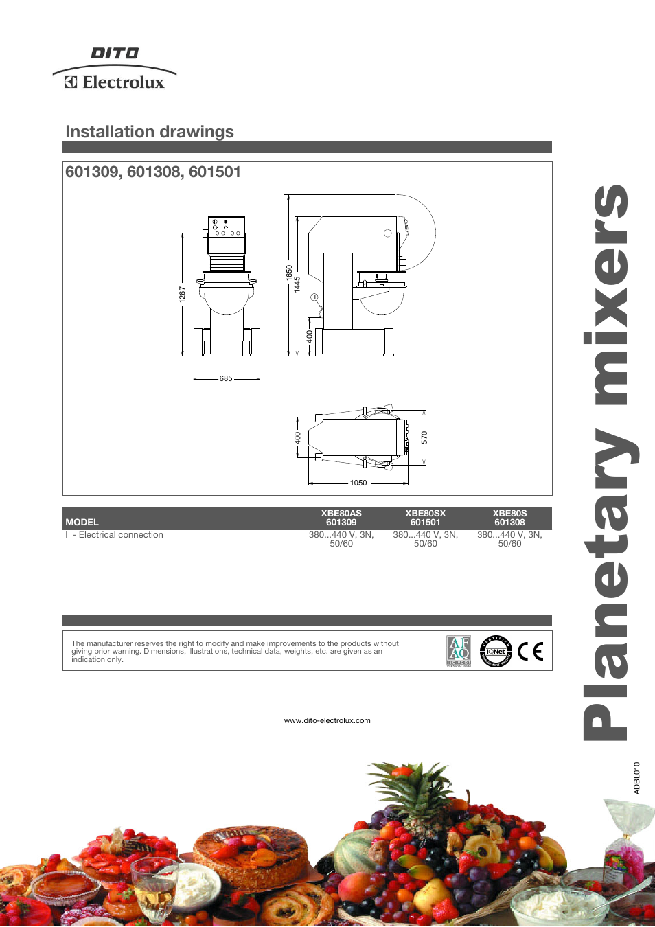 Planetary mixers, Installation drawings | Electrolux XBE80AS User Manual | Page 4 / 4