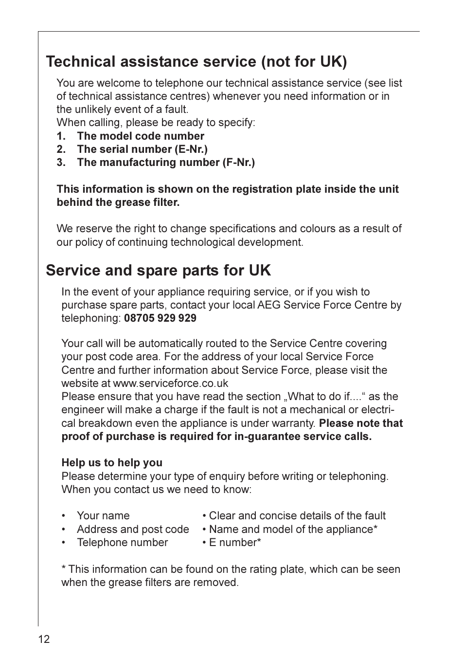 Technical assistance service (not for uk), Service and spare parts for uk | Electrolux HD 8760 User Manual | Page 12 / 20