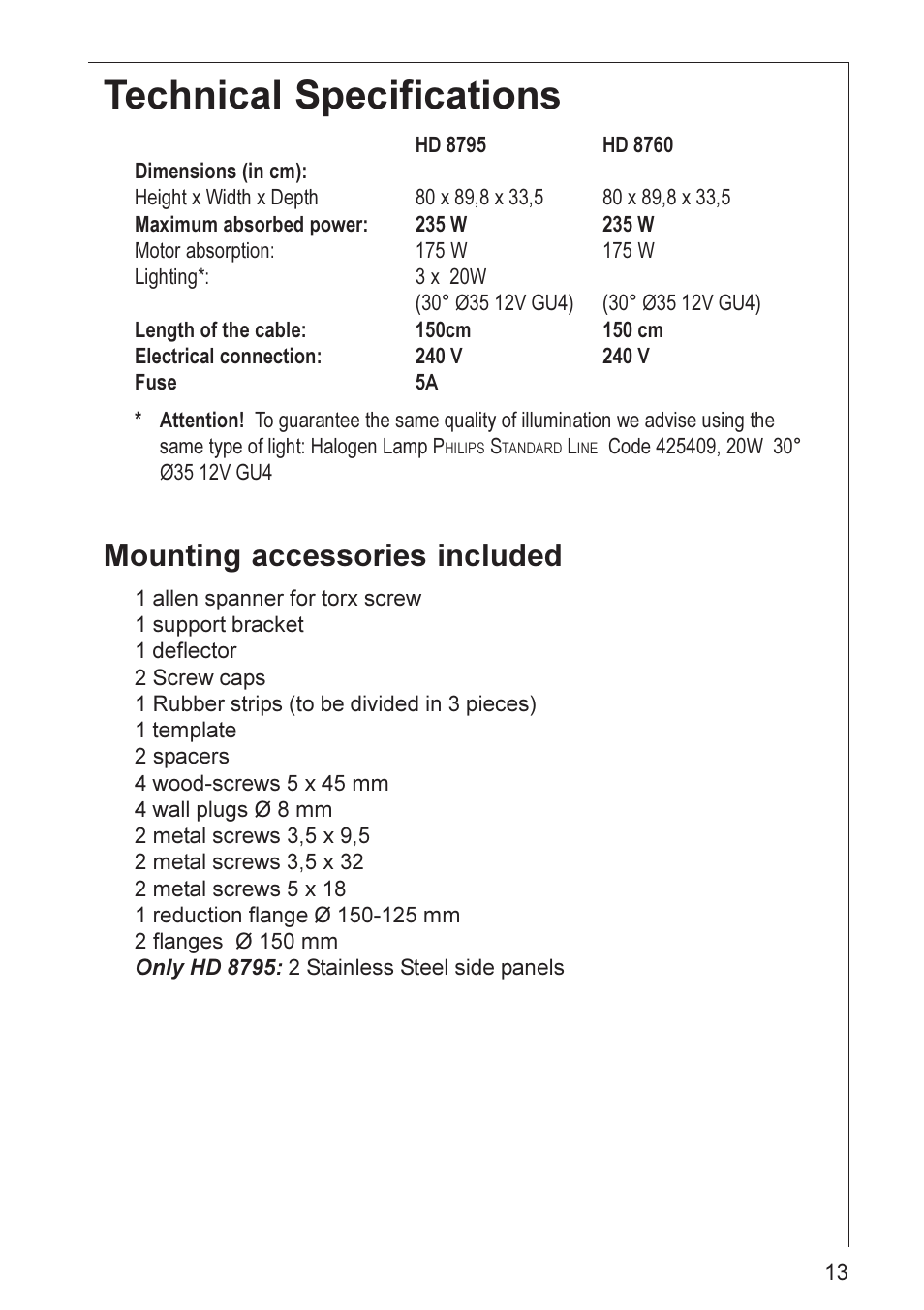 Technical specifications, Mounting accessories included | Electrolux HD 8760 User Manual | Page 13 / 20