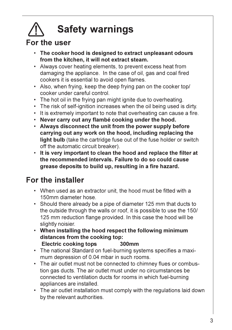 Safety warnings, For the user, For the installer | Electrolux HD 8760 User Manual | Page 3 / 20