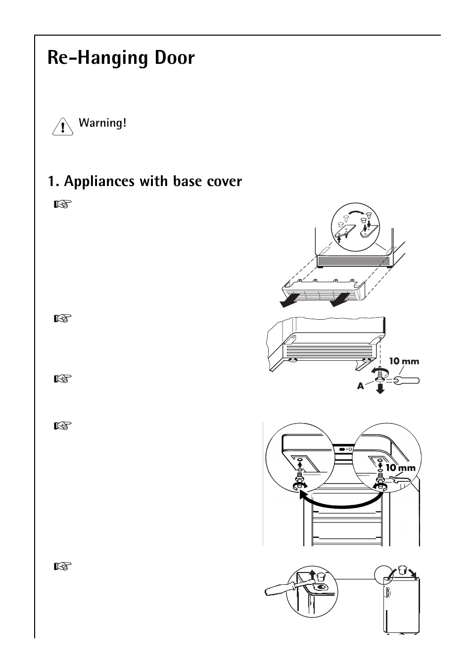 Re-hanging door, Appliances with base cover | Electrolux 3173-4GS User Manual | Page 14 / 40