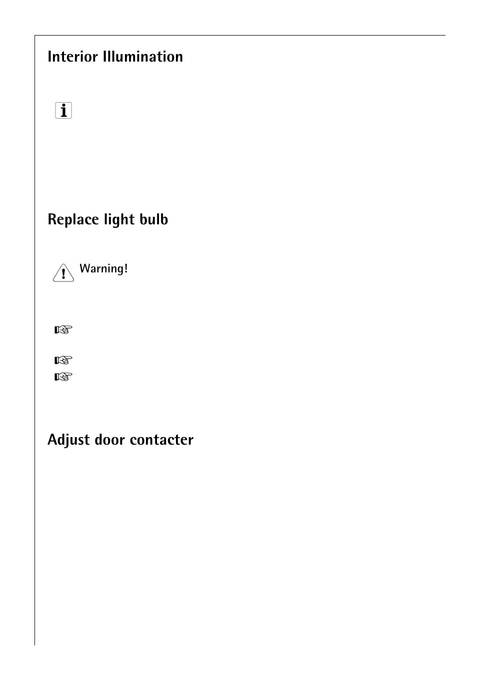 Interior illumination, Replace light bulb, Adjust door contacter | Electrolux 3173-4GS User Manual | Page 36 / 40