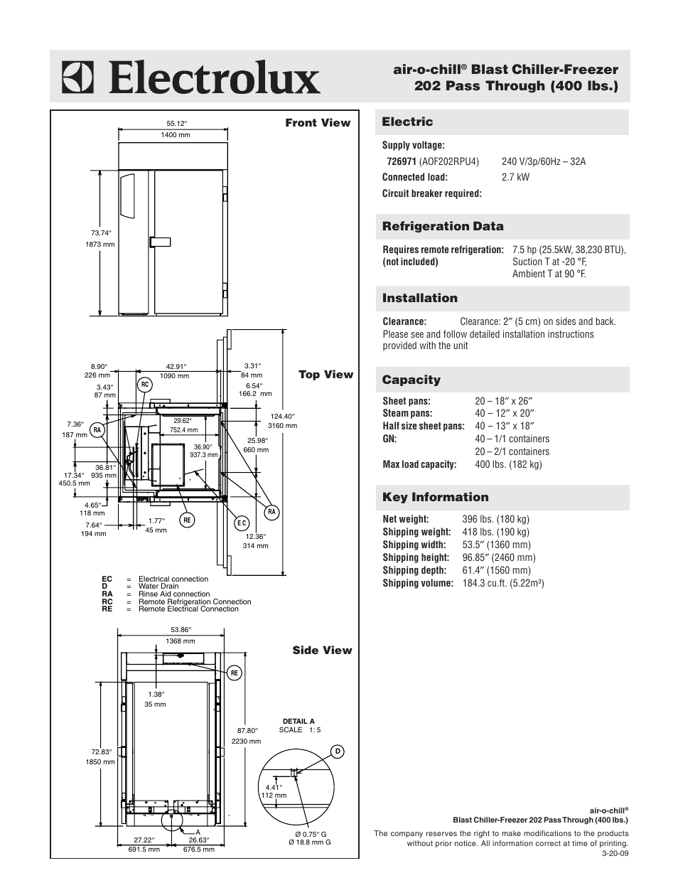 Air-o-chill, Electric, Installation | Refrigeration data, Key information, Capacity, Front view top view side view | Electrolux Air-O-Chill 726971 User Manual | Page 2 / 2