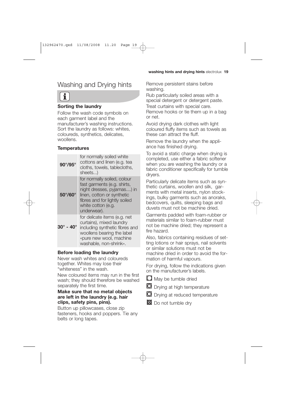 Washing and drying hints | Electrolux EWX 14450 W User Manual | Page 19 / 48