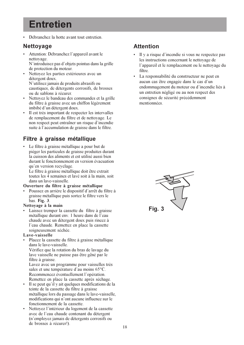 Entretien, Nettoyage, Filtre à graisse métallique | Attention, Fig. 3 | Electrolux U30306 EFC650-950 User Manual | Page 18 / 80