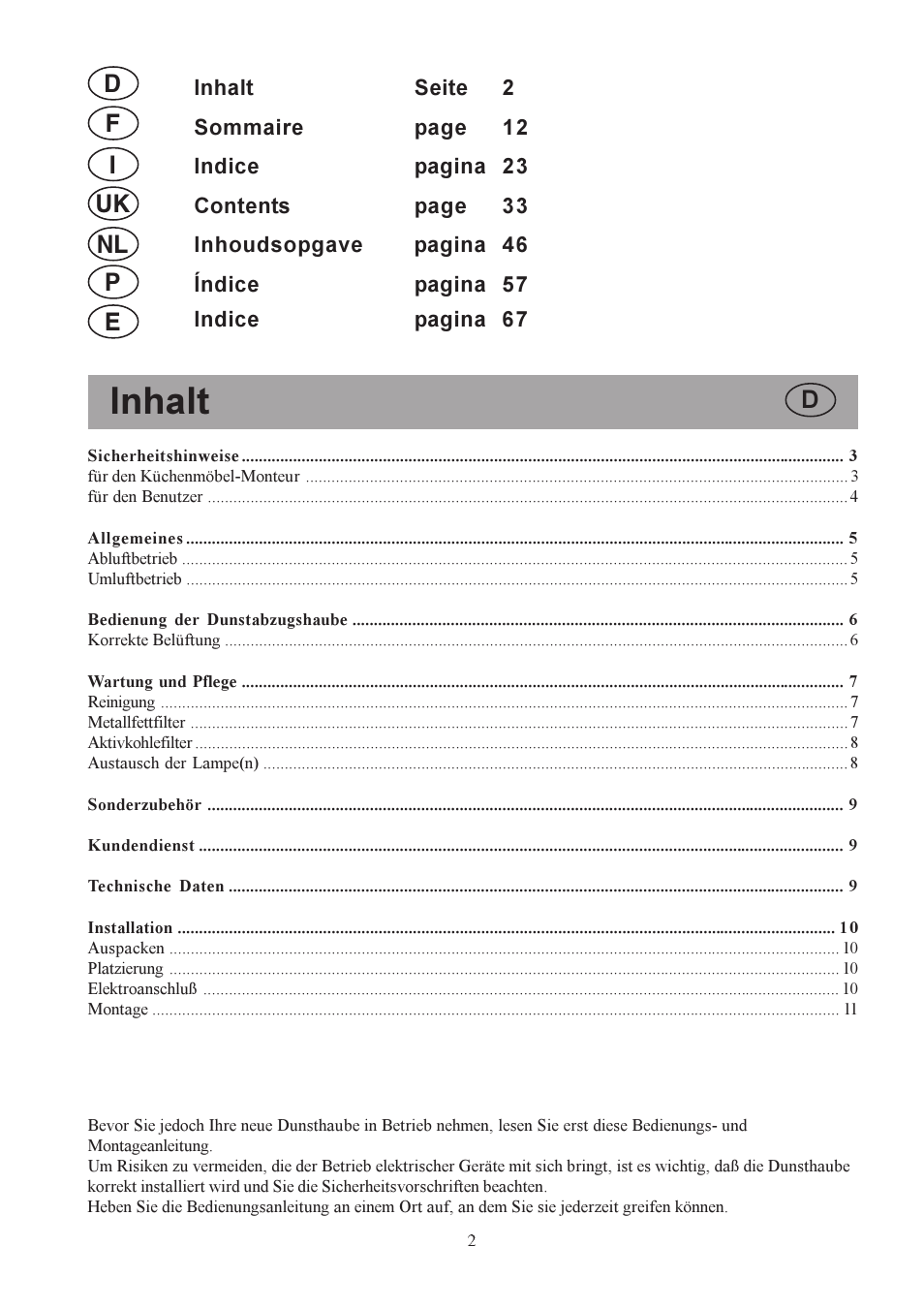 Inhalt, Di f uk nl p e | Electrolux U30306 EFC650-950 User Manual | Page 2 / 80