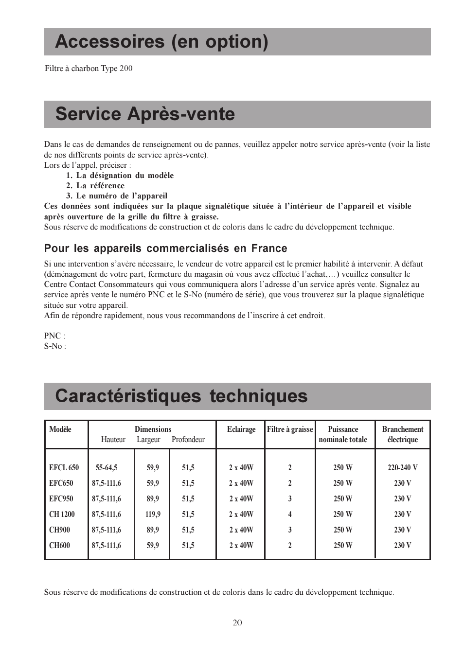 Caractéristiques techniques service après-vente, Accessoires (en option), Pour les appareils commercialisés en france | Electrolux U30306 EFC650-950 User Manual | Page 20 / 80