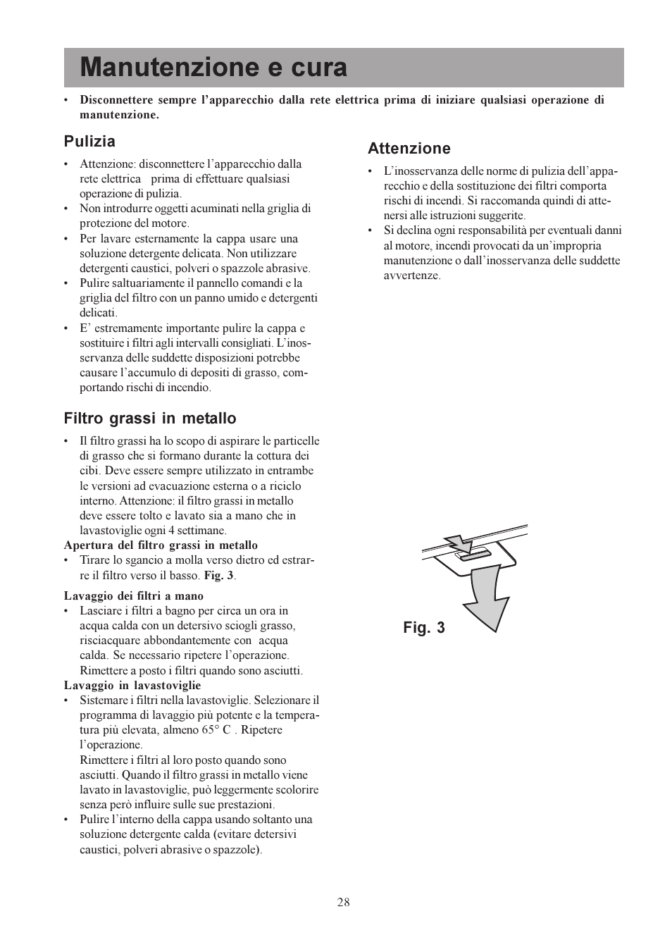 Manutenzione e cura, Pulizia, Filtro grassi in metallo | Attenzione, Fig. 3 | Electrolux U30306 EFC650-950 User Manual | Page 28 / 80