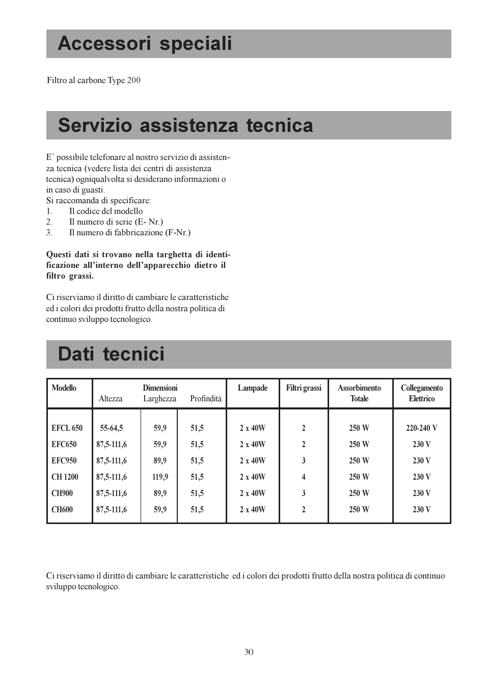 Dati tecnici, Accessori speciali, Servizio assistenza tecnica | Electrolux U30306 EFC650-950 User Manual | Page 30 / 80