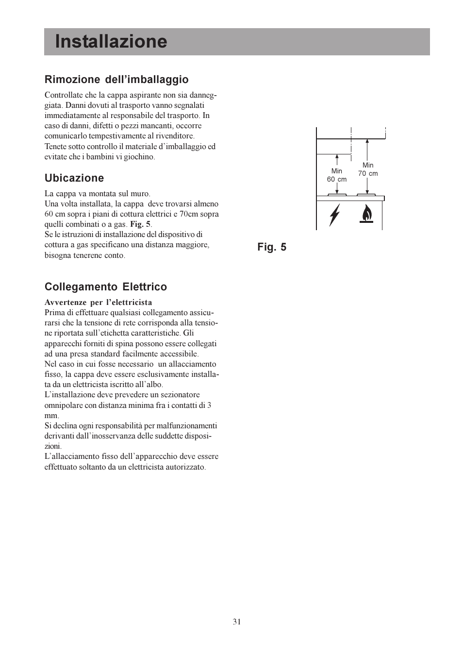 Installazione, Rimozione dellimballaggio, Ubicazione | Collegamento elettrico, Fig. 5 | Electrolux U30306 EFC650-950 User Manual | Page 31 / 80