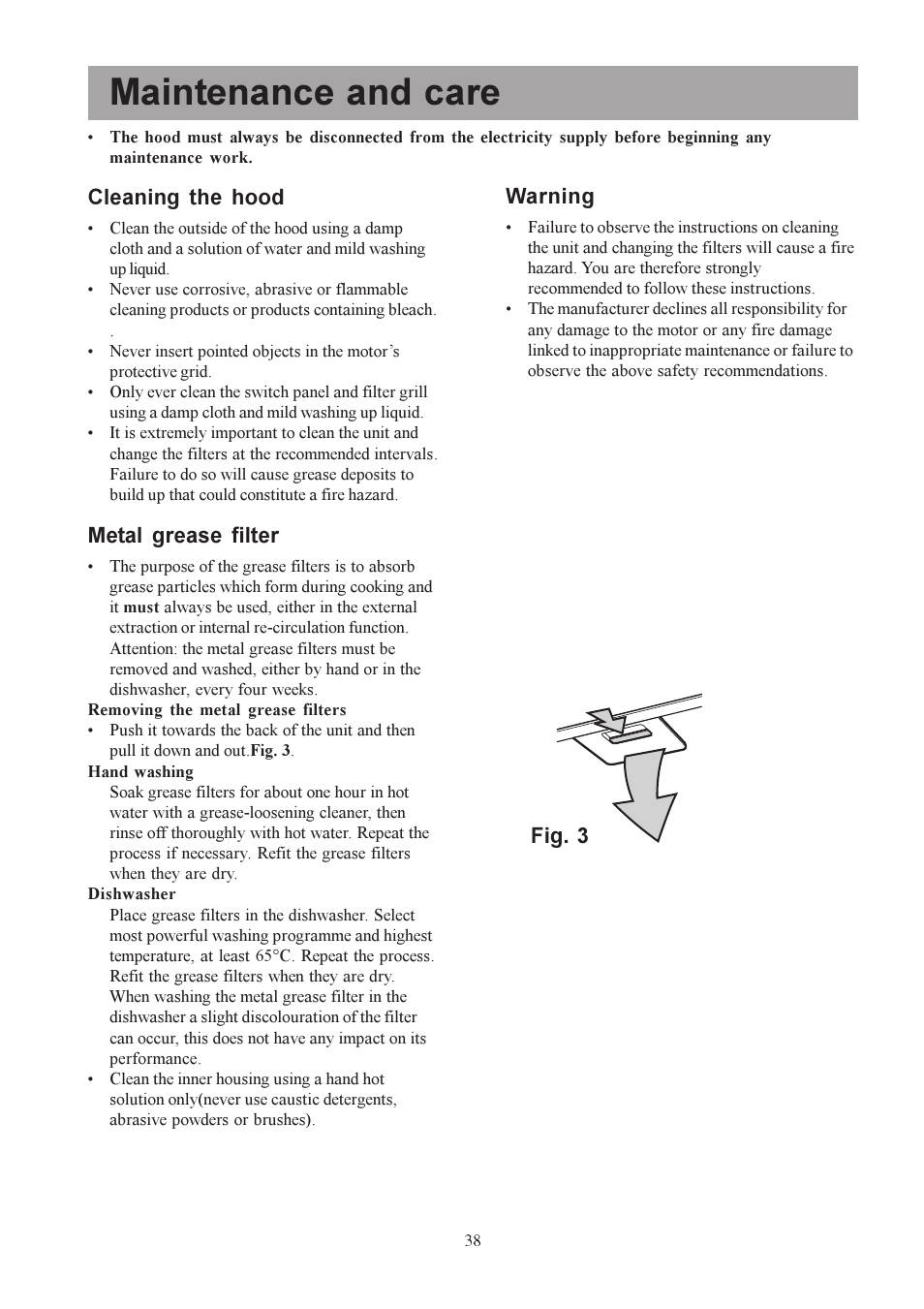 Maintenance and care, Cleaning the hood, Metal grease filter | Warning, Fig. 3 | Electrolux U30306 EFC650-950 User Manual | Page 38 / 80