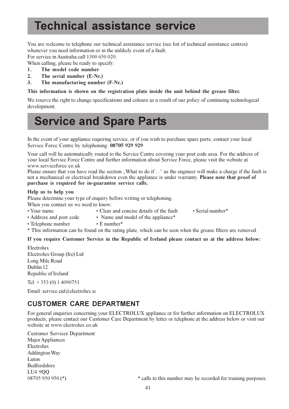 Technical assistance service, Service and spare parts, Customer care department | Electrolux U30306 EFC650-950 User Manual | Page 41 / 80