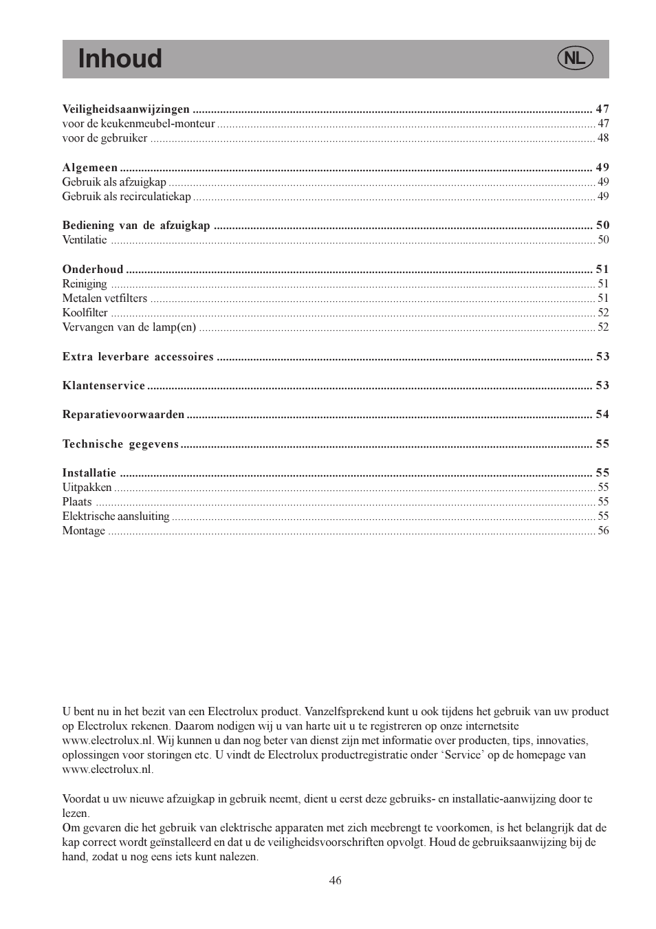 Inhoud | Electrolux U30306 EFC650-950 User Manual | Page 46 / 80