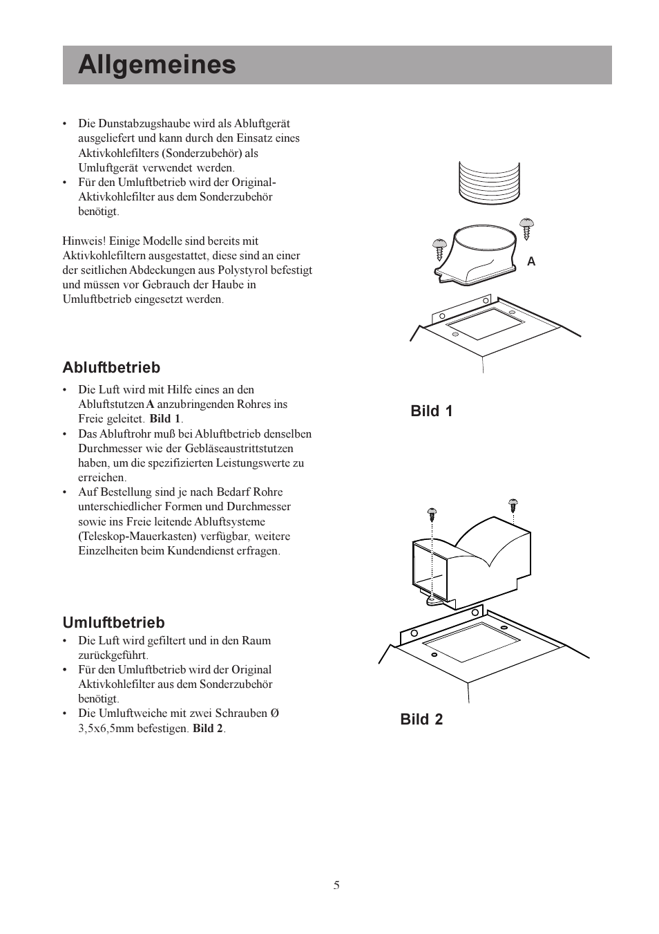 Allgemeines, Abluftbetrieb, Bild 1 umluftbetrieb | Bild 2 | Electrolux U30306 EFC650-950 User Manual | Page 5 / 80