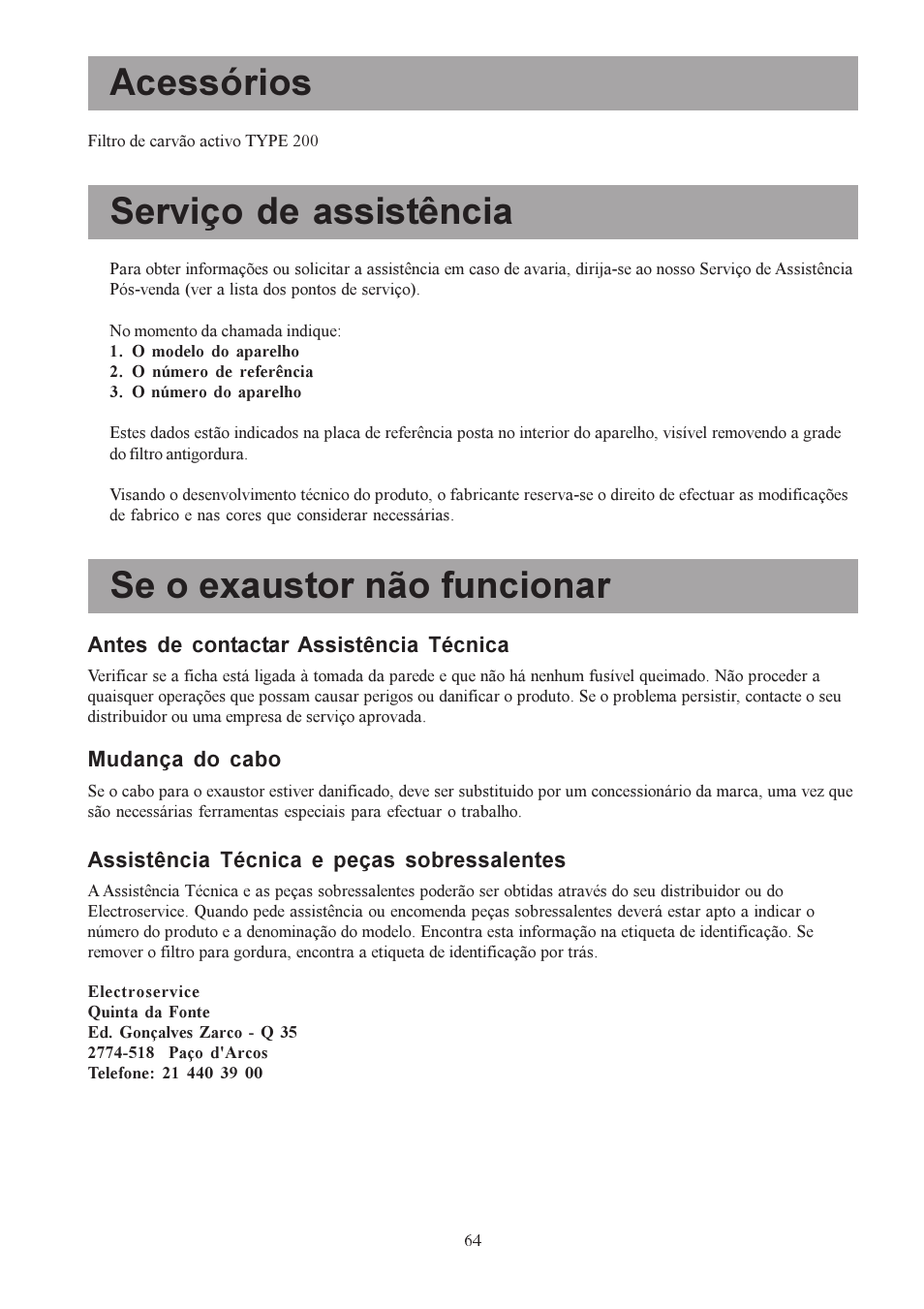 Acessórios, Serviço de assistência, Se o exaustor não funcionar | Electrolux U30306 EFC650-950 User Manual | Page 64 / 80