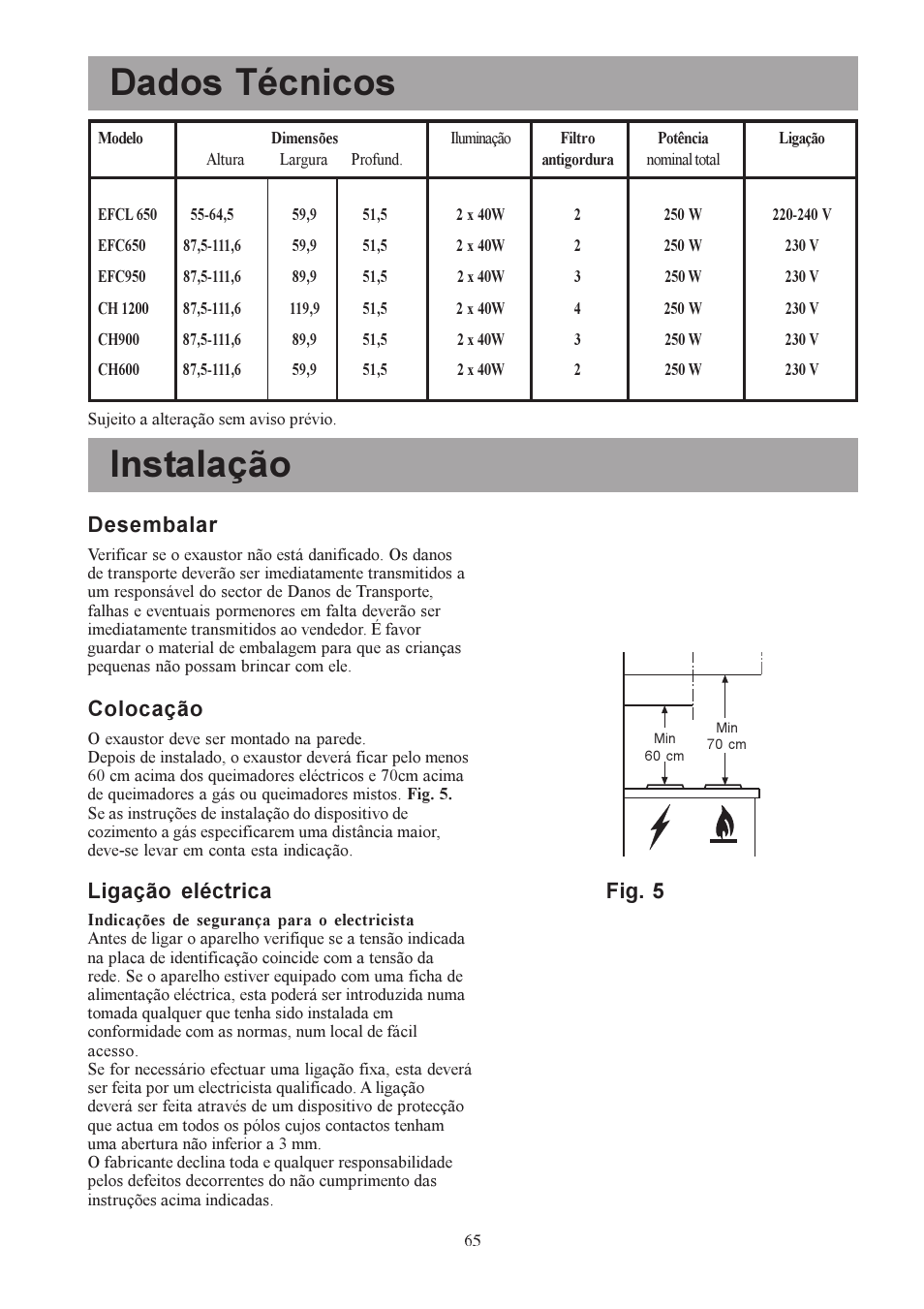 Dados técnicos, Instalação, Desembalar | Colocação, Ligação eléctrica, Fig. 5 | Electrolux U30306 EFC650-950 User Manual | Page 65 / 80