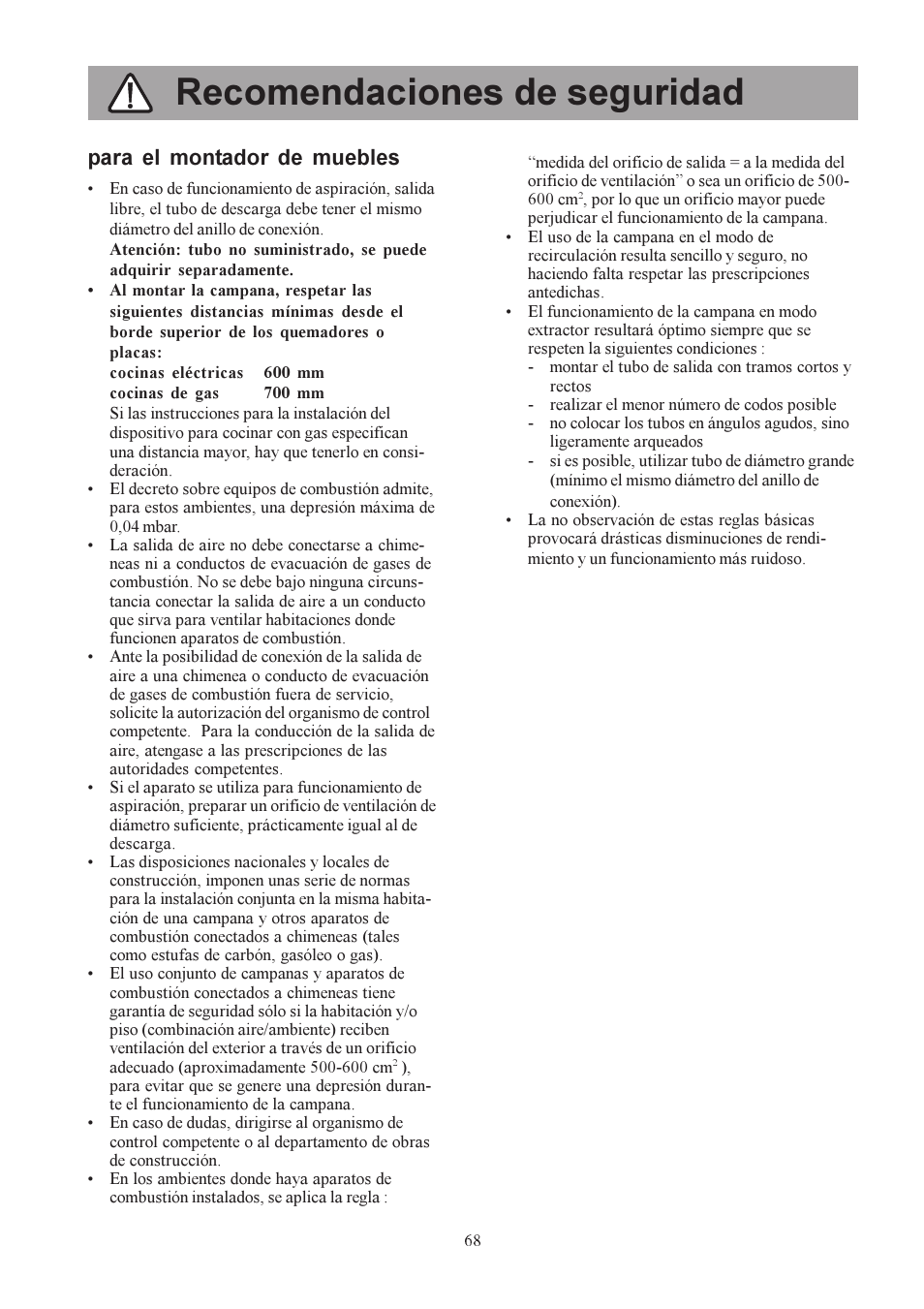 Recomendaciones de seguridad, Para el montador de muebles | Electrolux U30306 EFC650-950 User Manual | Page 68 / 80