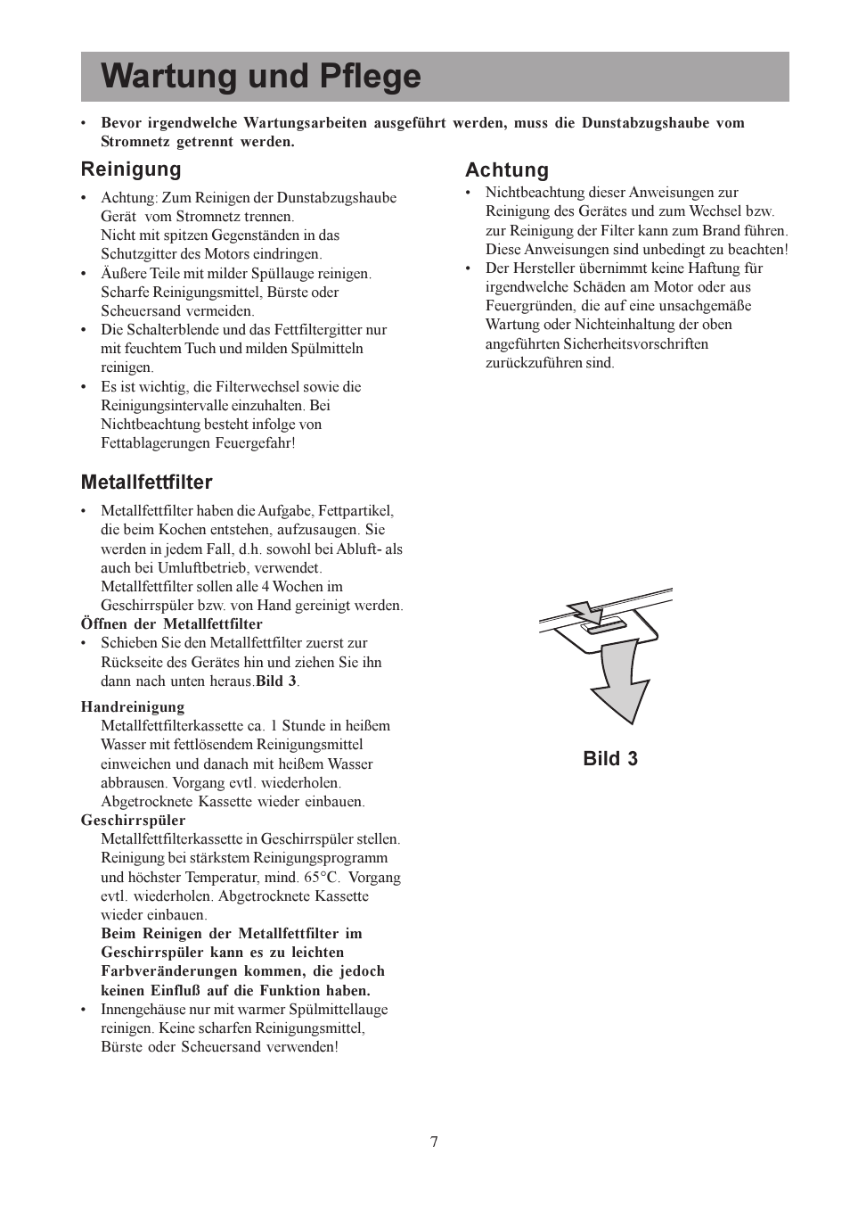 Wartung und pflege, Achtung, Bild 3 reinigung | Metallfettfilter | Electrolux U30306 EFC650-950 User Manual | Page 7 / 80