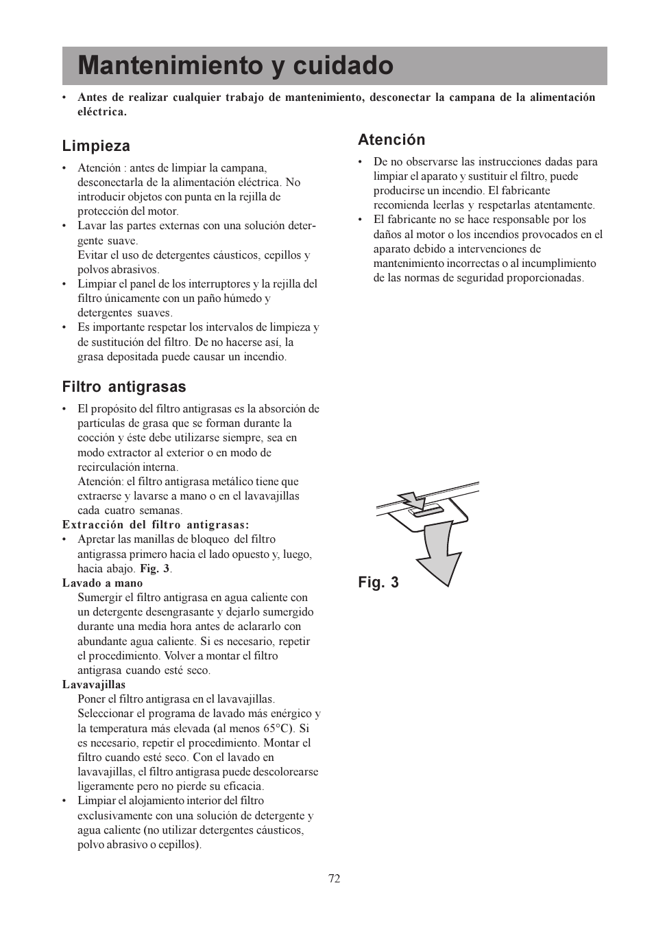 Mantenimiento y cuidado, Limpieza, Filtro antigrasas | Fig. 3 atención | Electrolux U30306 EFC650-950 User Manual | Page 72 / 80