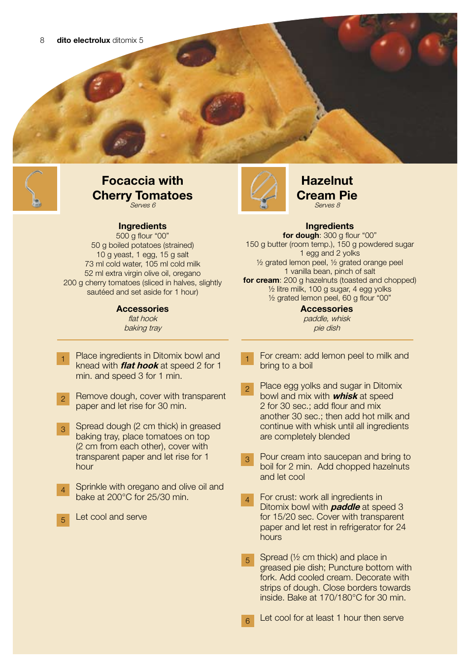 Focaccia with cherry tomatoes, Hazelnut cream pie | Electrolux Ditomix 5 User Manual | Page 8 / 12