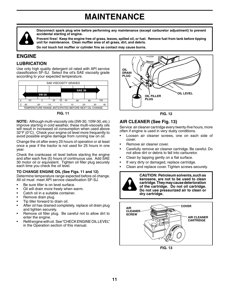 Maintenance, Engine, Air cleaner (see fig. 13) | Lubrication | Electrolux FN620K User Manual | Page 11 / 24