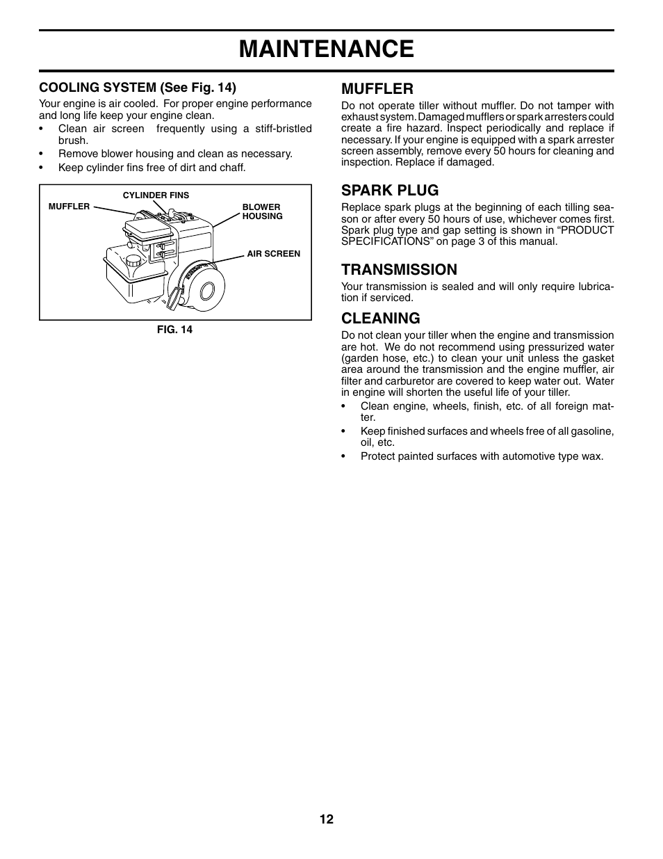 Maintenance, Muffler, Spark plug | Transmission, Cleaning | Electrolux FN620K User Manual | Page 12 / 24