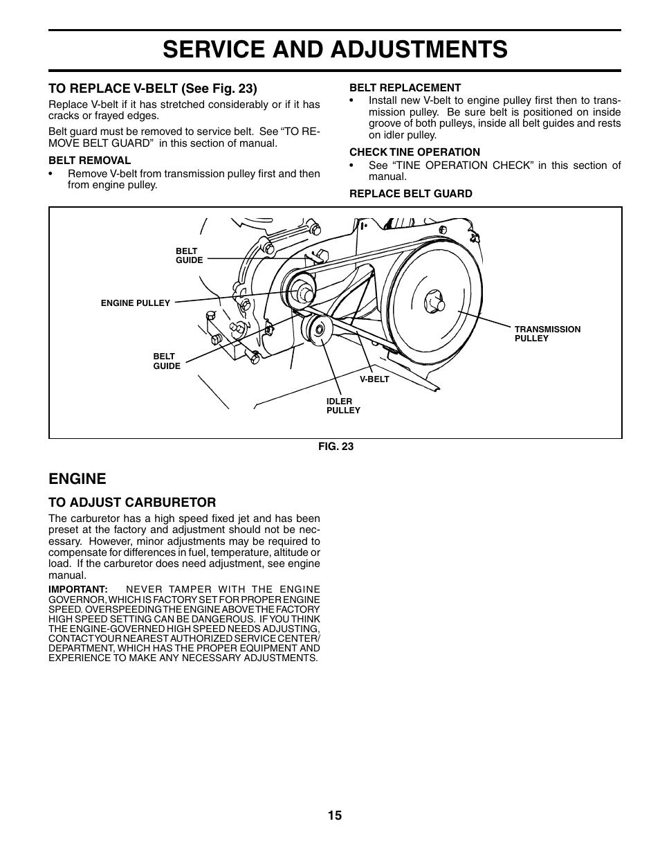 Service and adjustments, Engine | Electrolux FN620K User Manual | Page 15 / 24