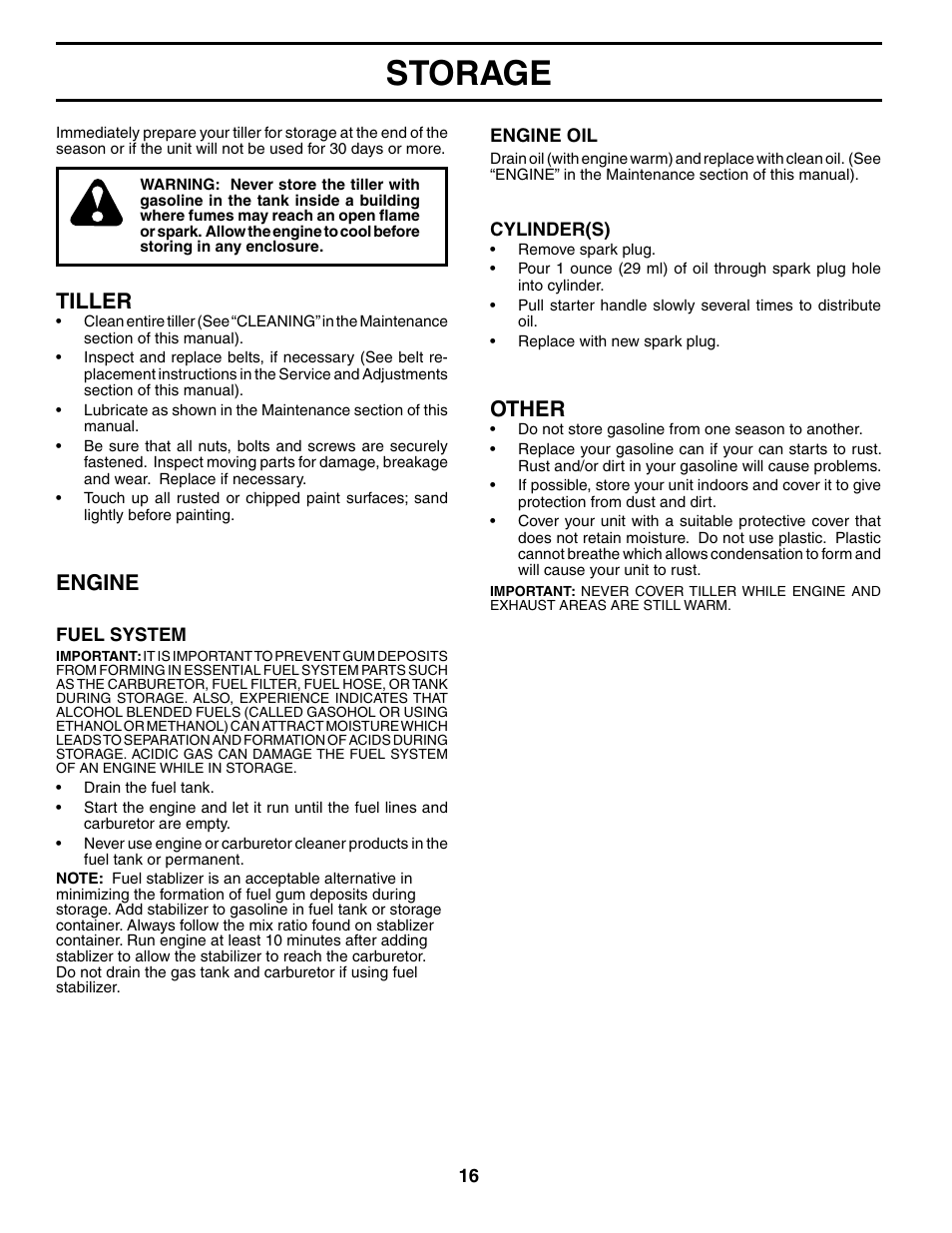 Storage, Other, Tiller | Engine | Electrolux FN620K User Manual | Page 16 / 24