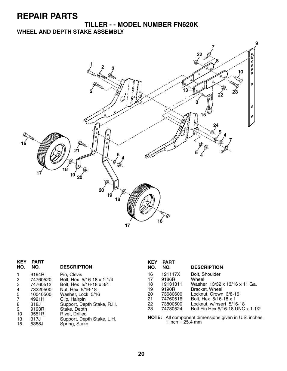 Repair parts, Tiller - - model number fn620k | Electrolux FN620K User Manual | Page 20 / 24