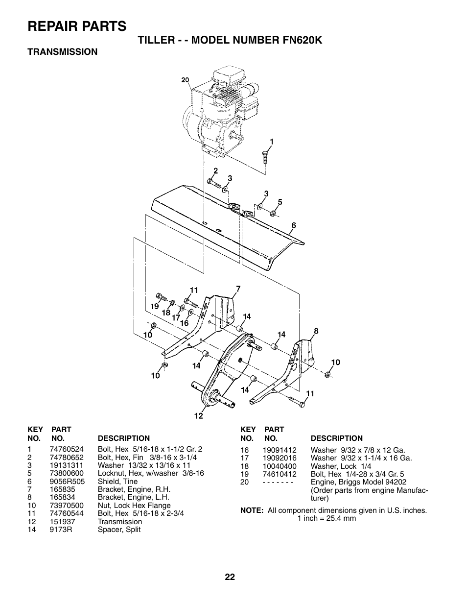 Repair parts, Tiller - - model number fn620k | Electrolux FN620K User Manual | Page 22 / 24