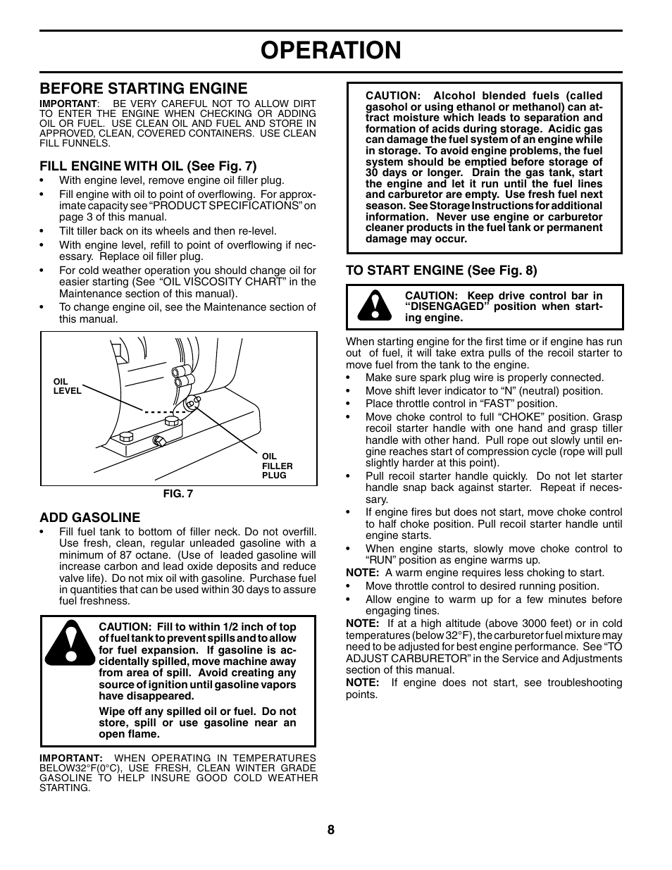 Operation, Before starting engine | Electrolux FN620K User Manual | Page 8 / 24