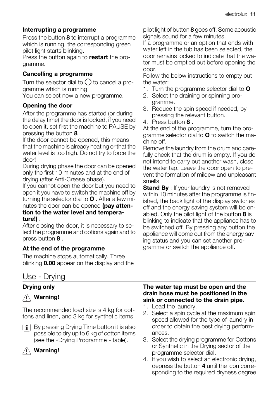 Use - drying | Electrolux EWW 14791 W User Manual | Page 11 / 32