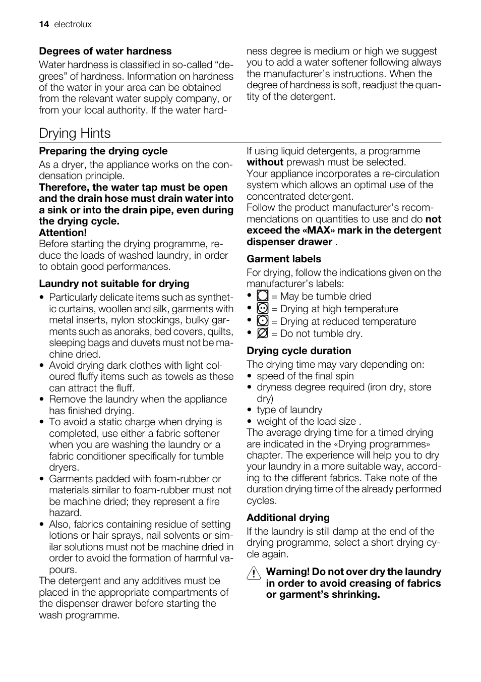 Drying hints | Electrolux EWW 14791 W User Manual | Page 14 / 32