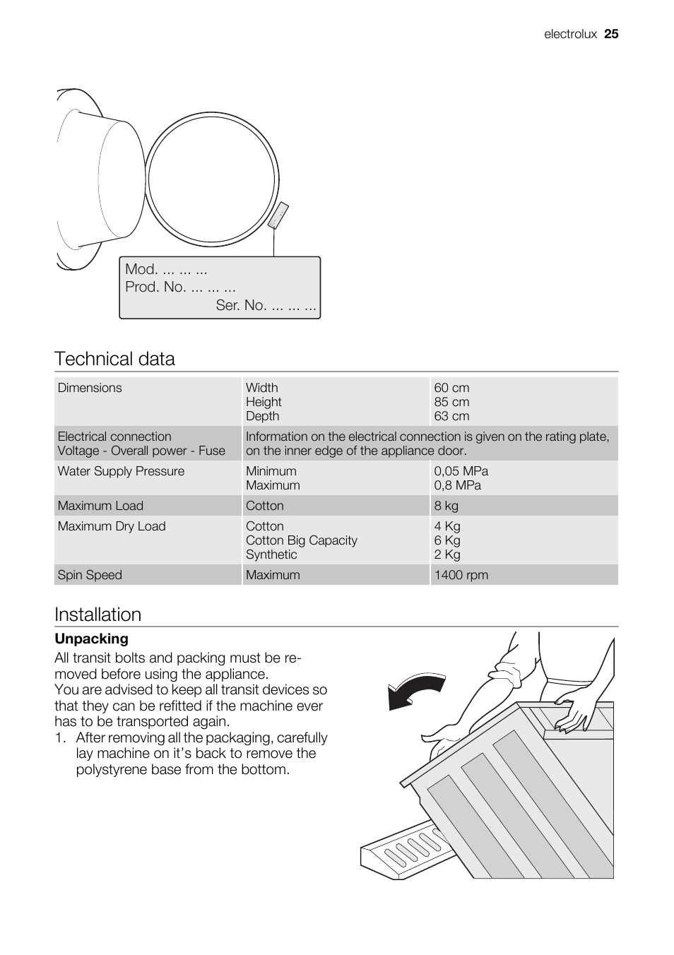 Technical data, Installation, Mod. ... ... ... prod. no. ... ... ... ser. no | Electrolux 25 | Electrolux EWW 14791 W User Manual | Page 25 / 32