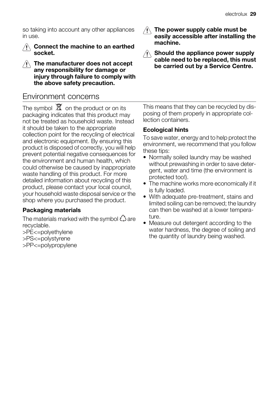 Environment concerns | Electrolux EWW 14791 W User Manual | Page 29 / 32