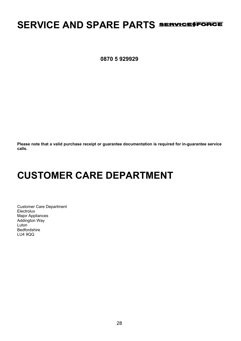 Service and spare parts, Customer care department | Electrolux EKG6049 User Manual | Page 28 / 40