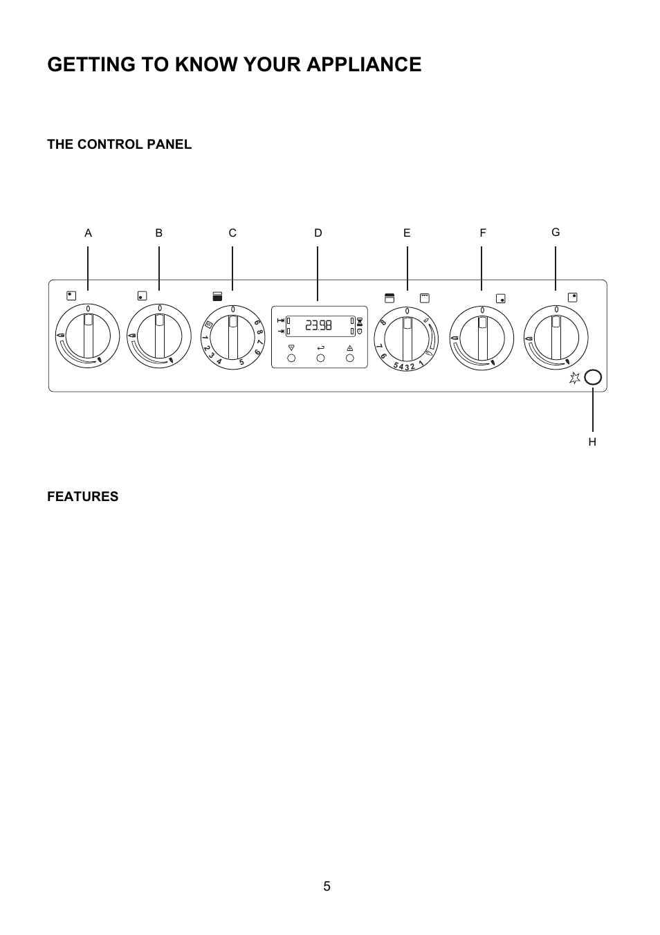 Getting to know your appliance, The control panel, Features | Electrolux EKG6049 User Manual | Page 5 / 40