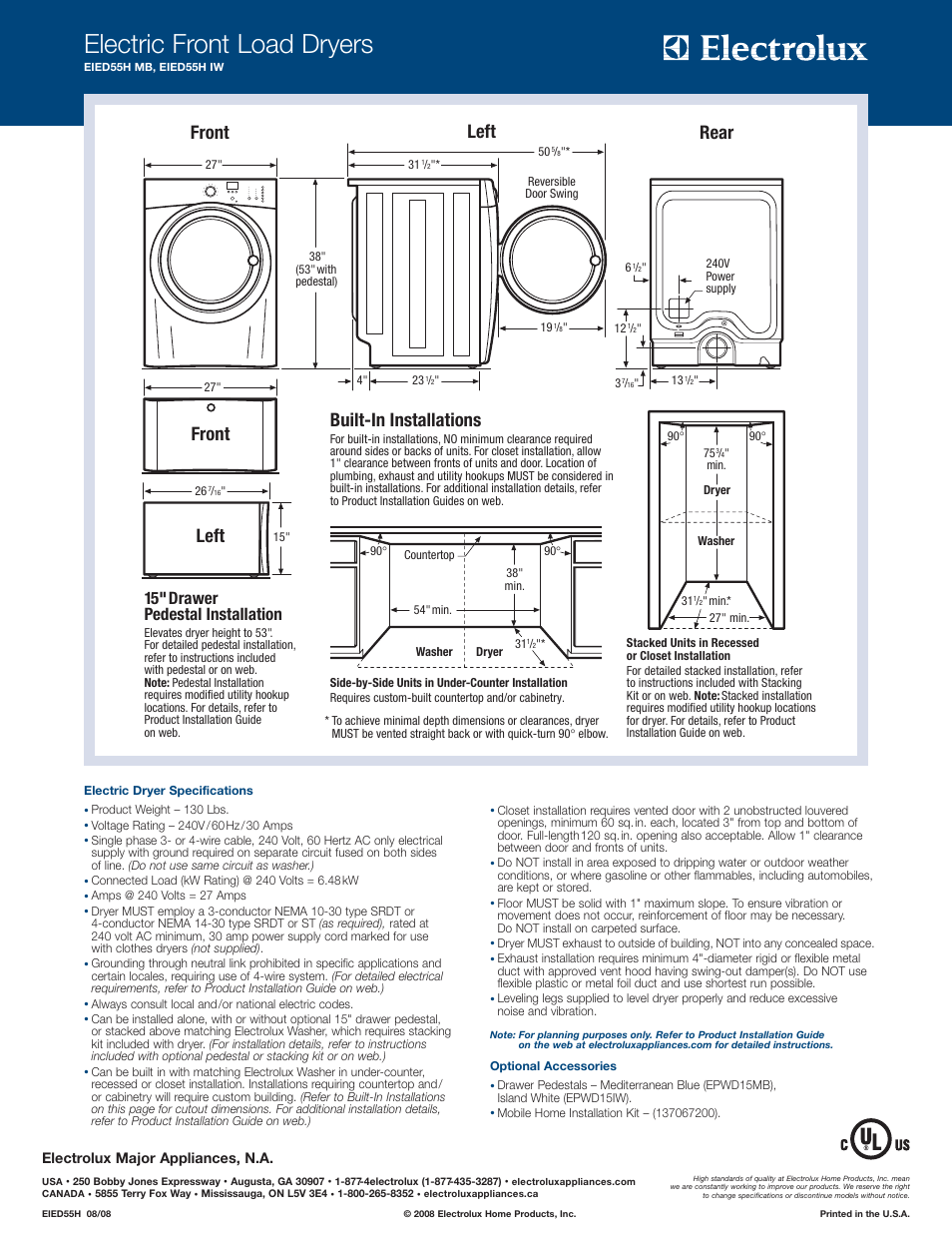 Electric front load dryers, Left, Front | Rear, Built-in installations, 15" drawer pedestal installation | Electrolux EIED55HMB User Manual | Page 2 / 2