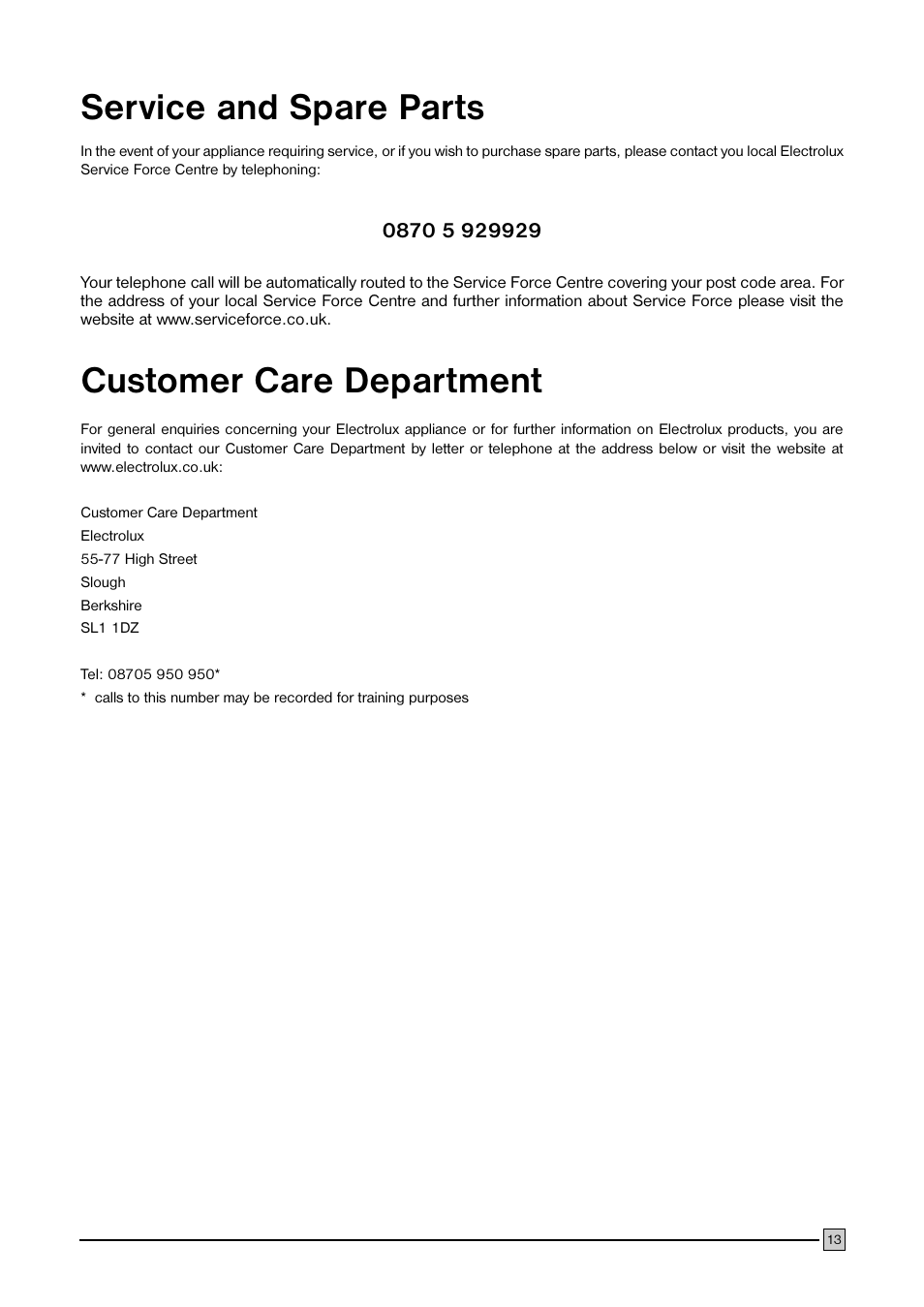 Service and spare parts, Customer care department | Electrolux ECM 3857 User Manual | Page 13 / 16