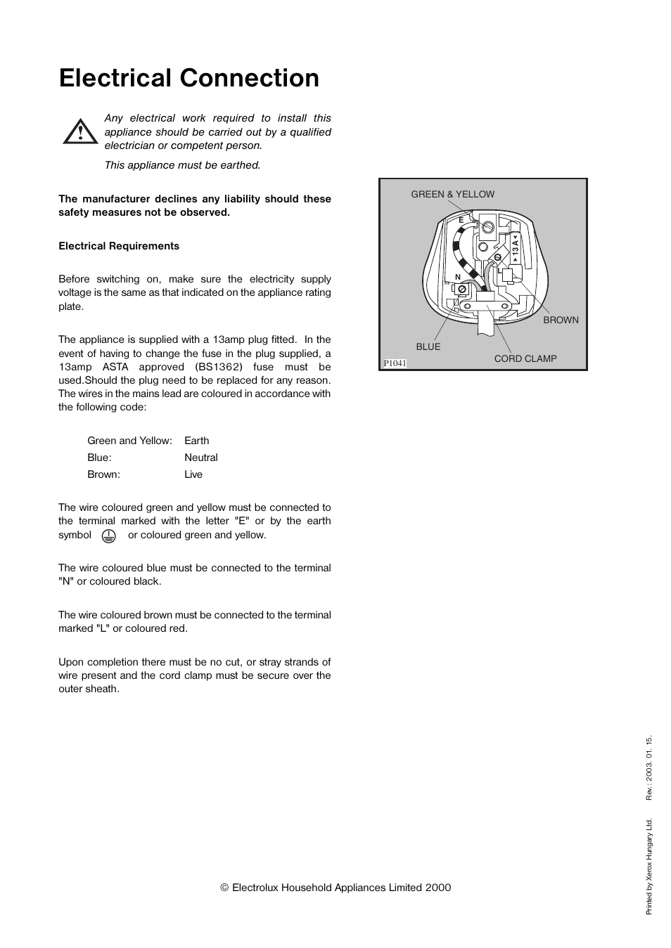 Electrical connection | Electrolux ECM 3857 User Manual | Page 16 / 16
