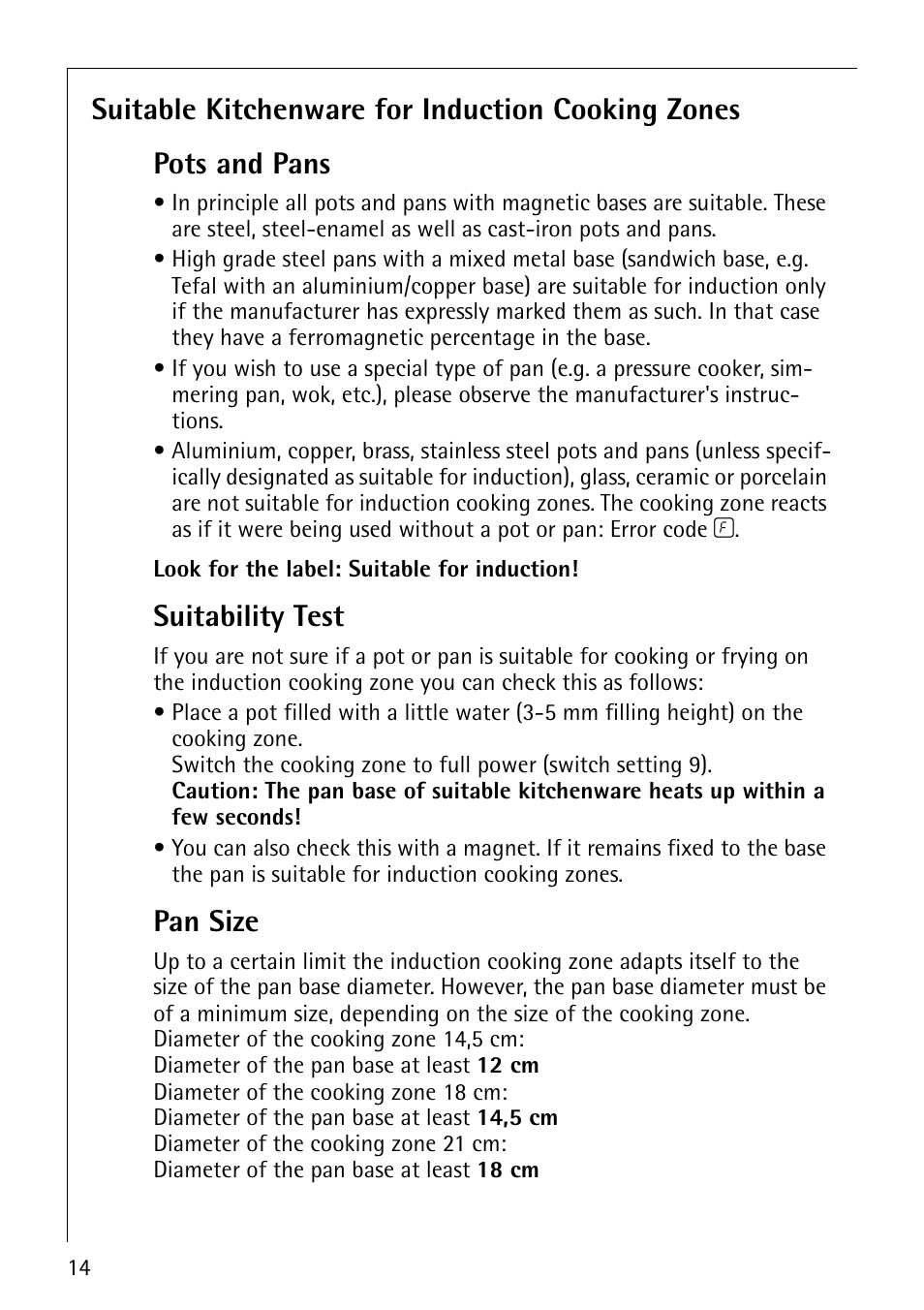 Suitability test, Pan size | Electrolux 68000KF-BN User Manual | Page 14 / 44