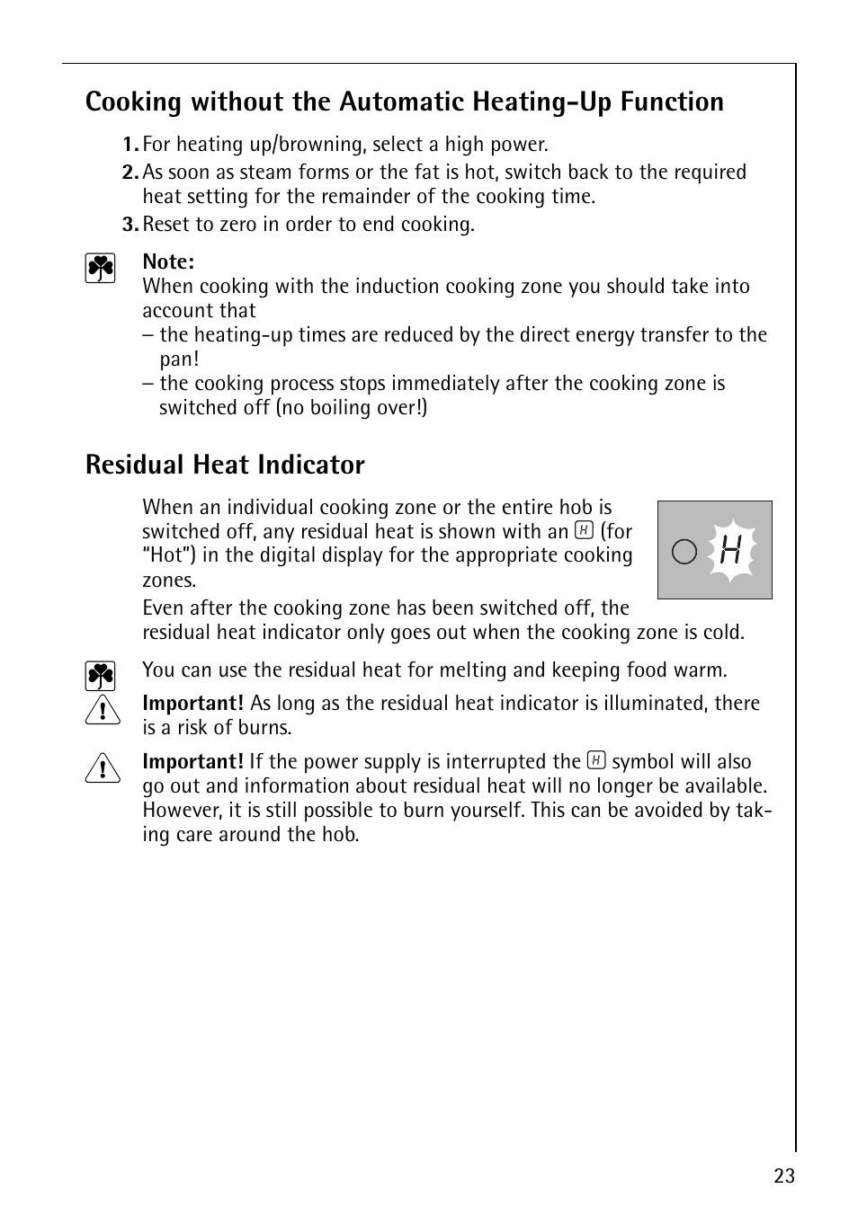 Cooking without the automatic heating-up function, Residual heat indicator | Electrolux 68000KF-BN User Manual | Page 23 / 44