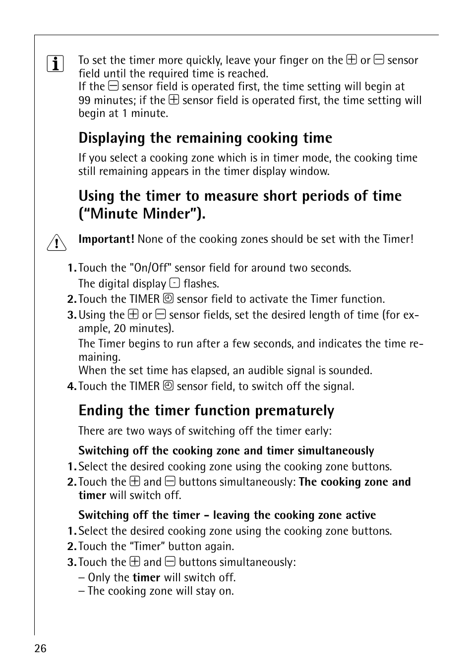 Displaying the remaining cooking time, Ending the timer function prematurely | Electrolux 68000KF-BN User Manual | Page 26 / 44