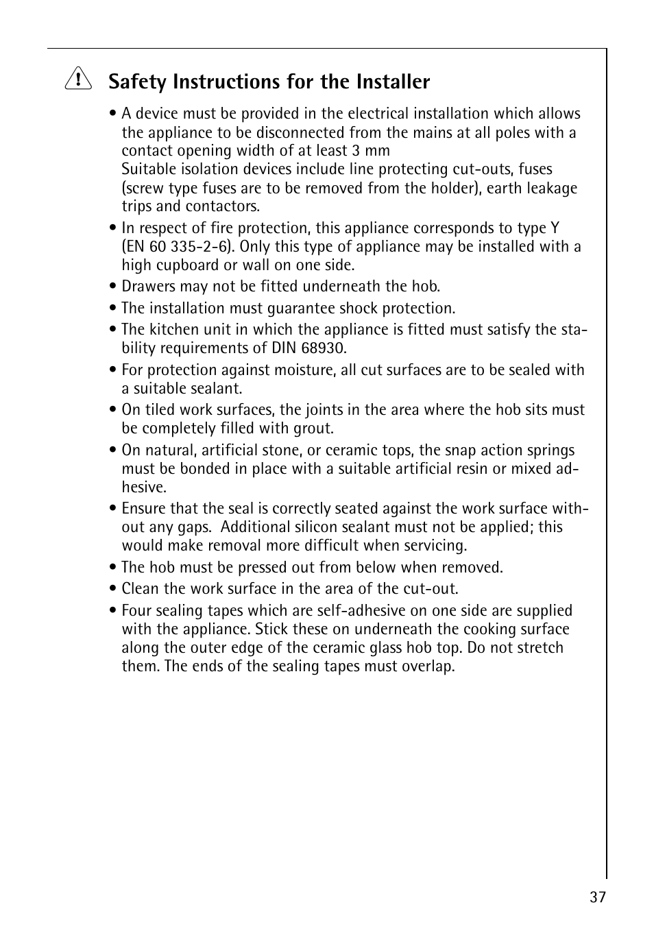 Safety instructions for the installer | Electrolux 68000KF-BN User Manual | Page 37 / 44