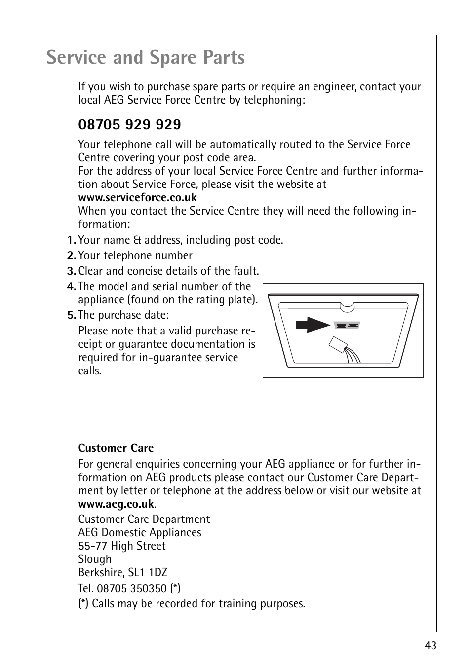 Service and spare parts | Electrolux 68000KF-BN User Manual | Page 43 / 44